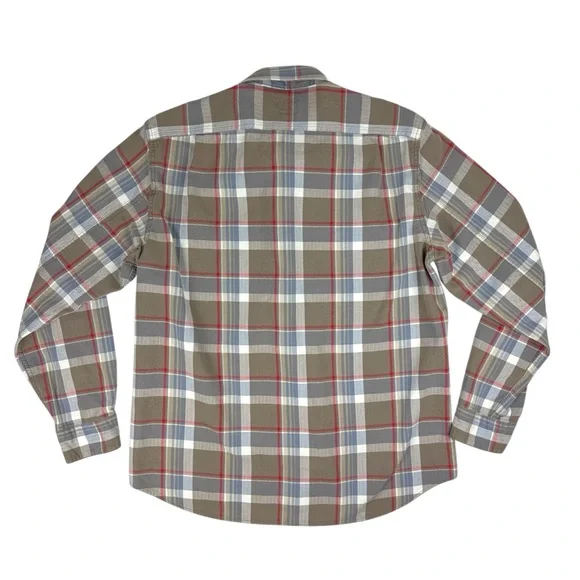 J. Crew Plaid Shirt Men's Large Tan Gray Red Flannel Button-up 100% Cotton Soft - Picture 6 of 13